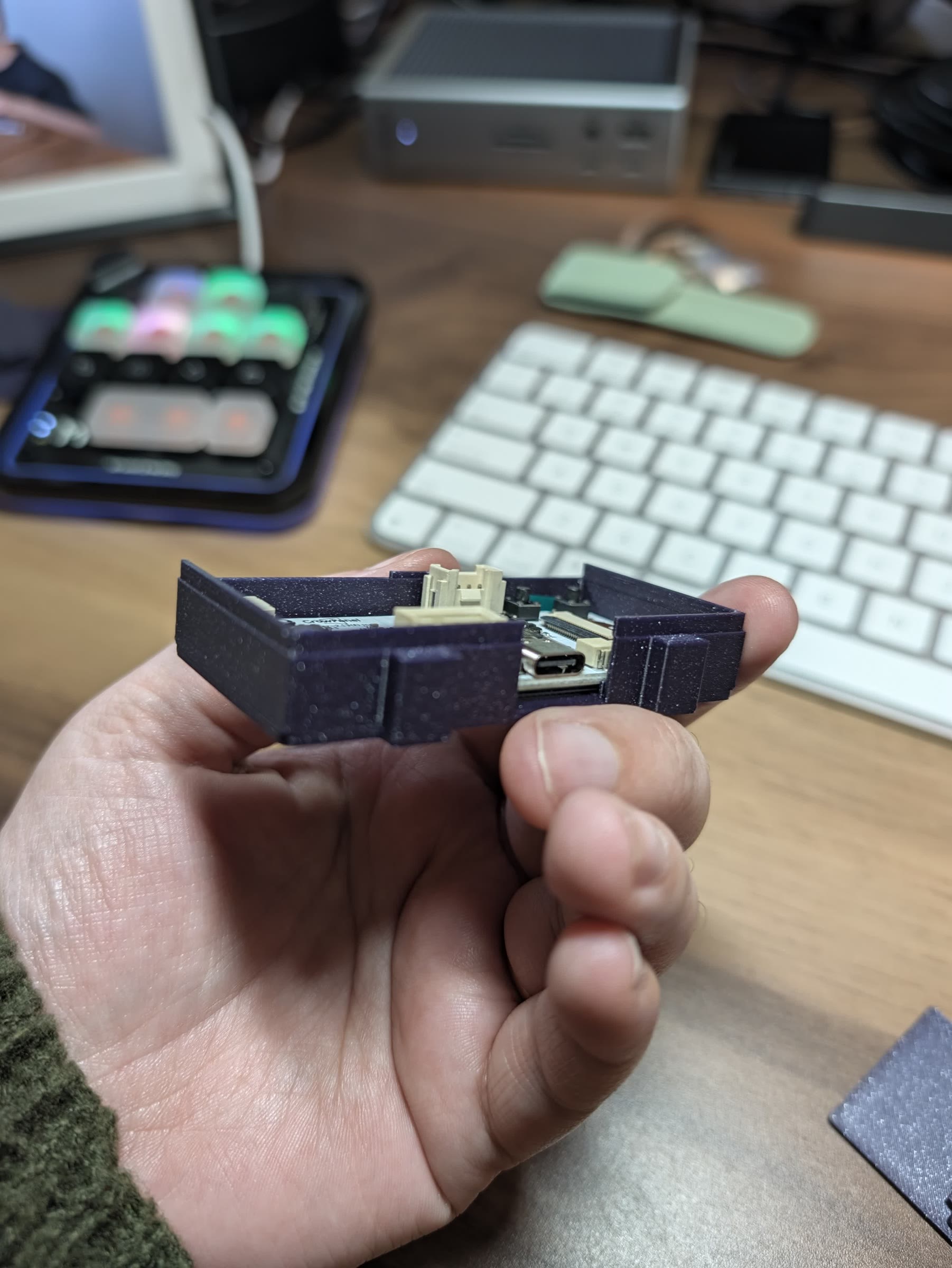 The real board and cable showing the rear component depth that the enclosure had to clear