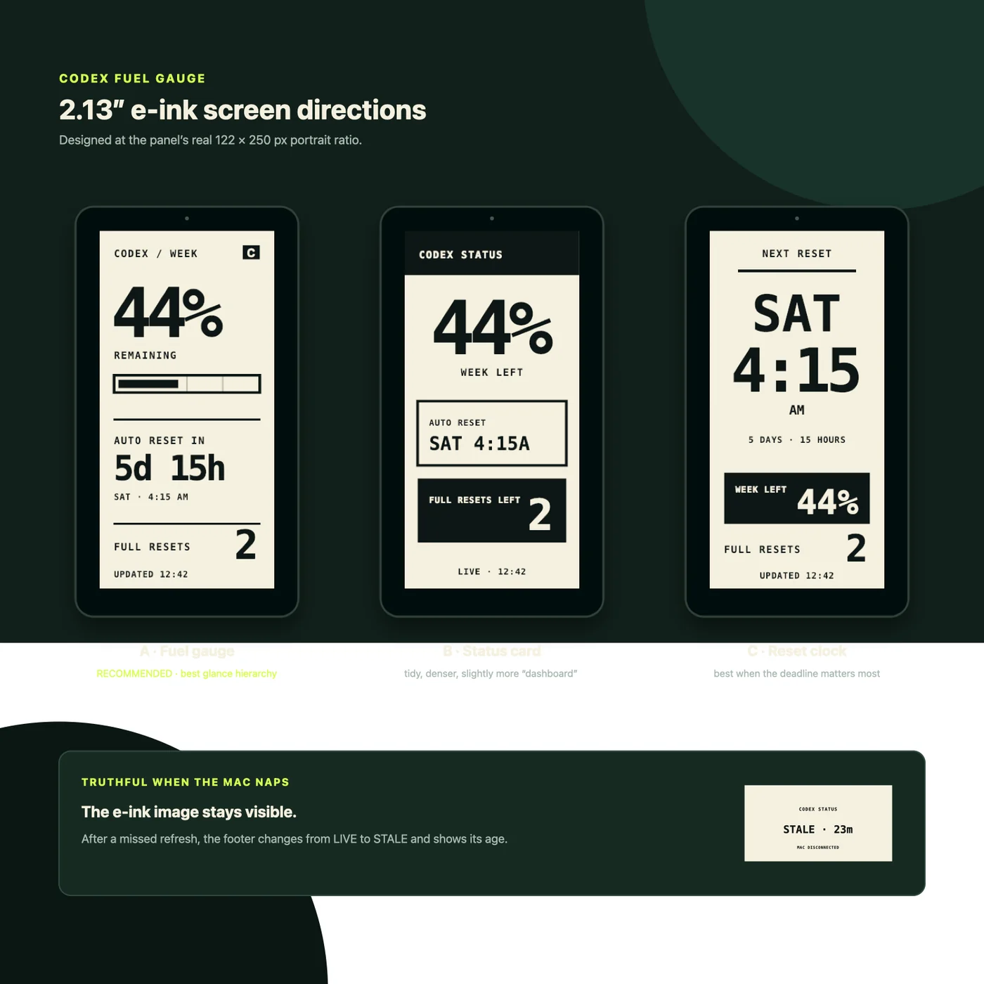 Three early portrait interface directions for the small e-paper display