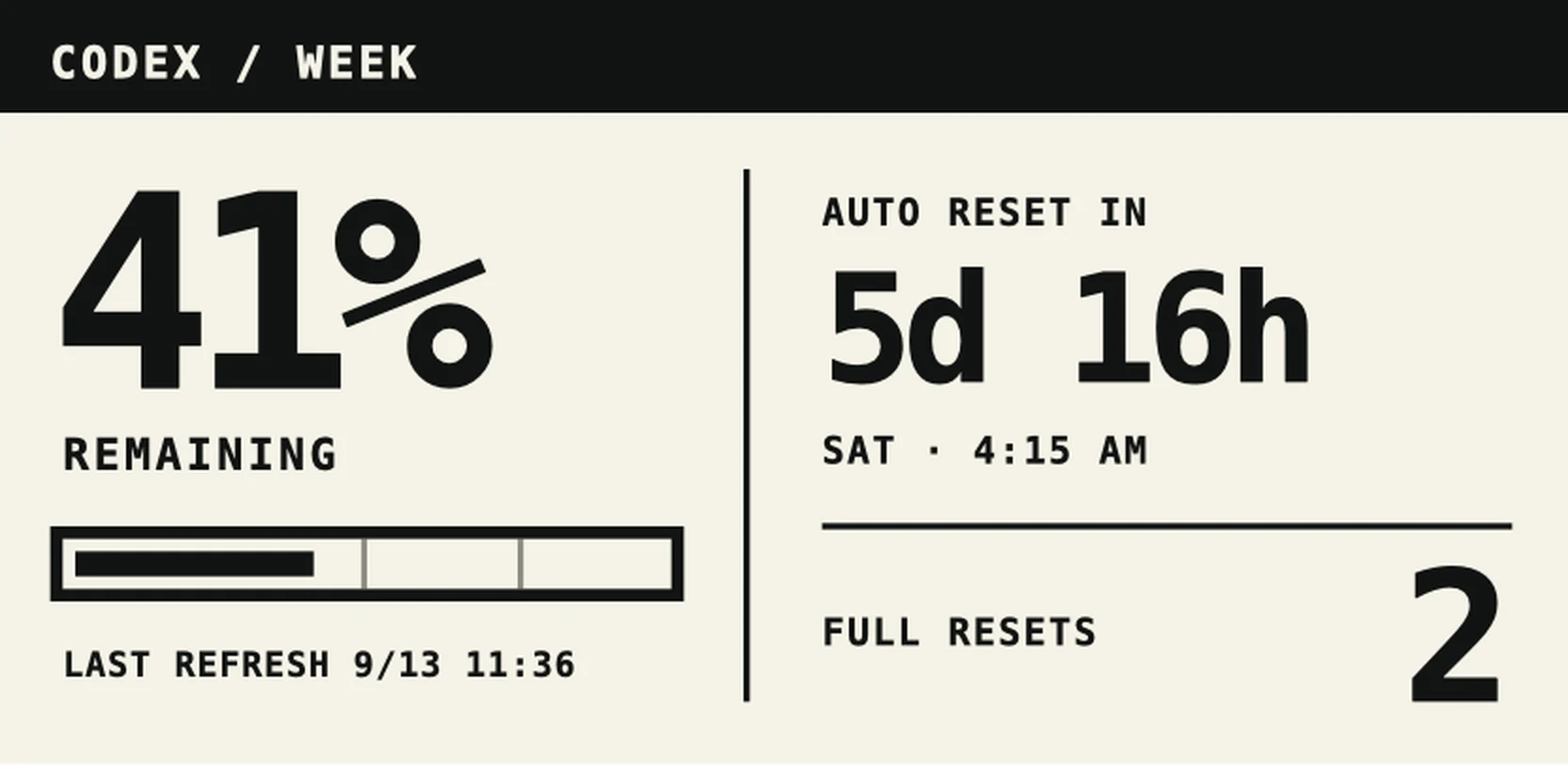 Landscape screen revision with a last refresh timestamp beneath the usage bar