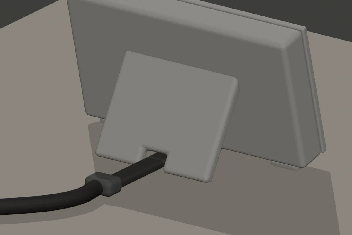 Rear CAD view showing the right-angle USB-C cable routed through the stand