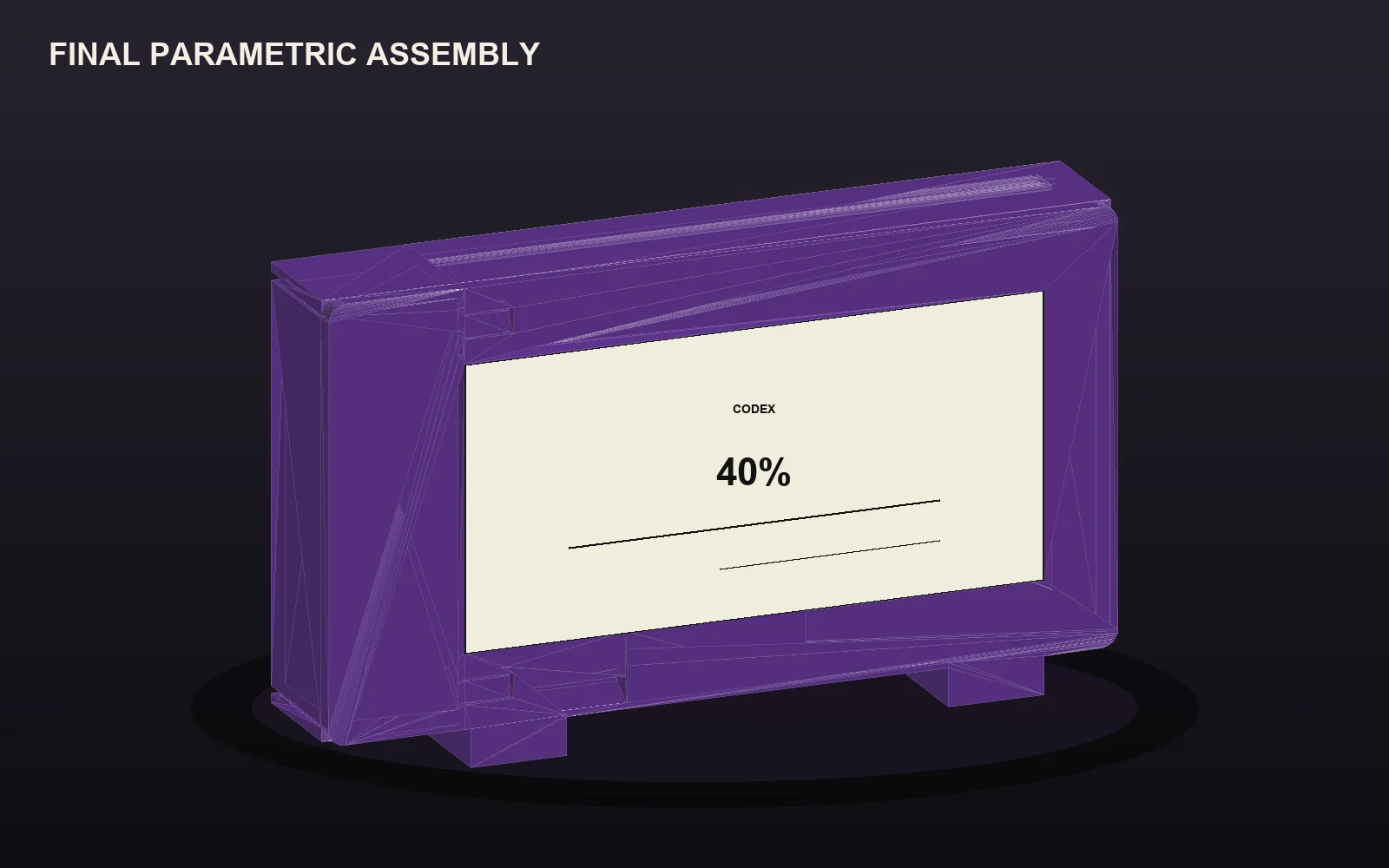 Purple CAD rendering of the assembled frame, display, back, and leg