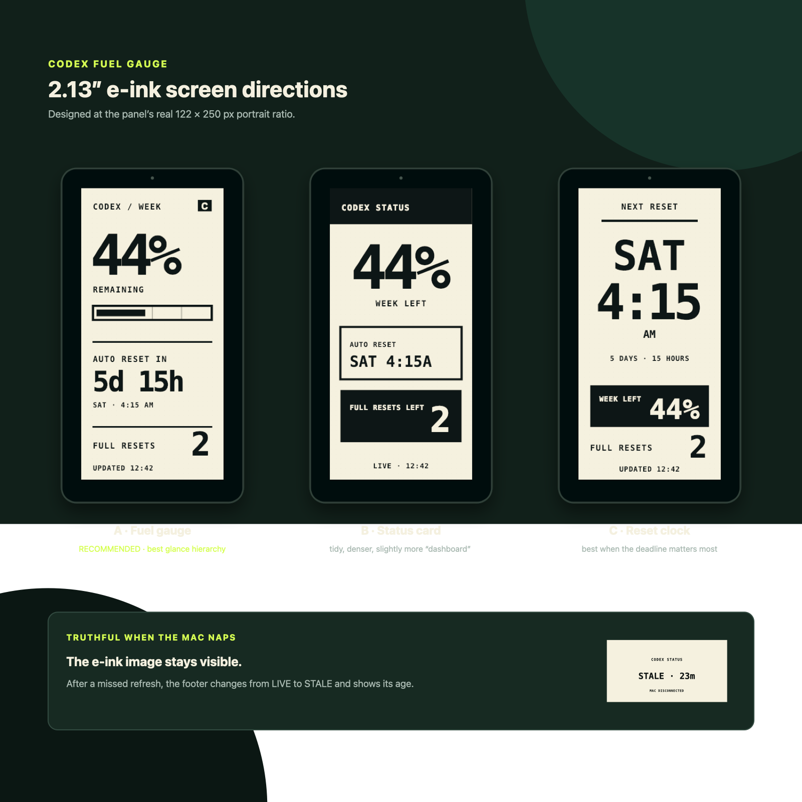 Early portrait layout directions for the e-paper usage display