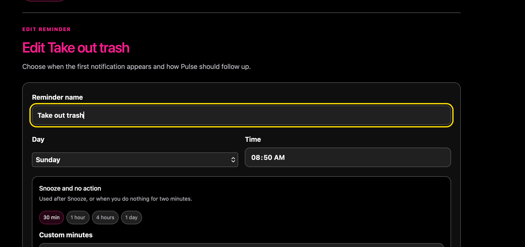 Pulse editor for the Take out trash reminder, showing its weekly schedule and snooze timing