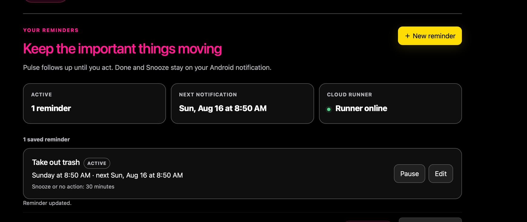 Pulse reminders dashboard showing a Take out trash reminder and an online runner