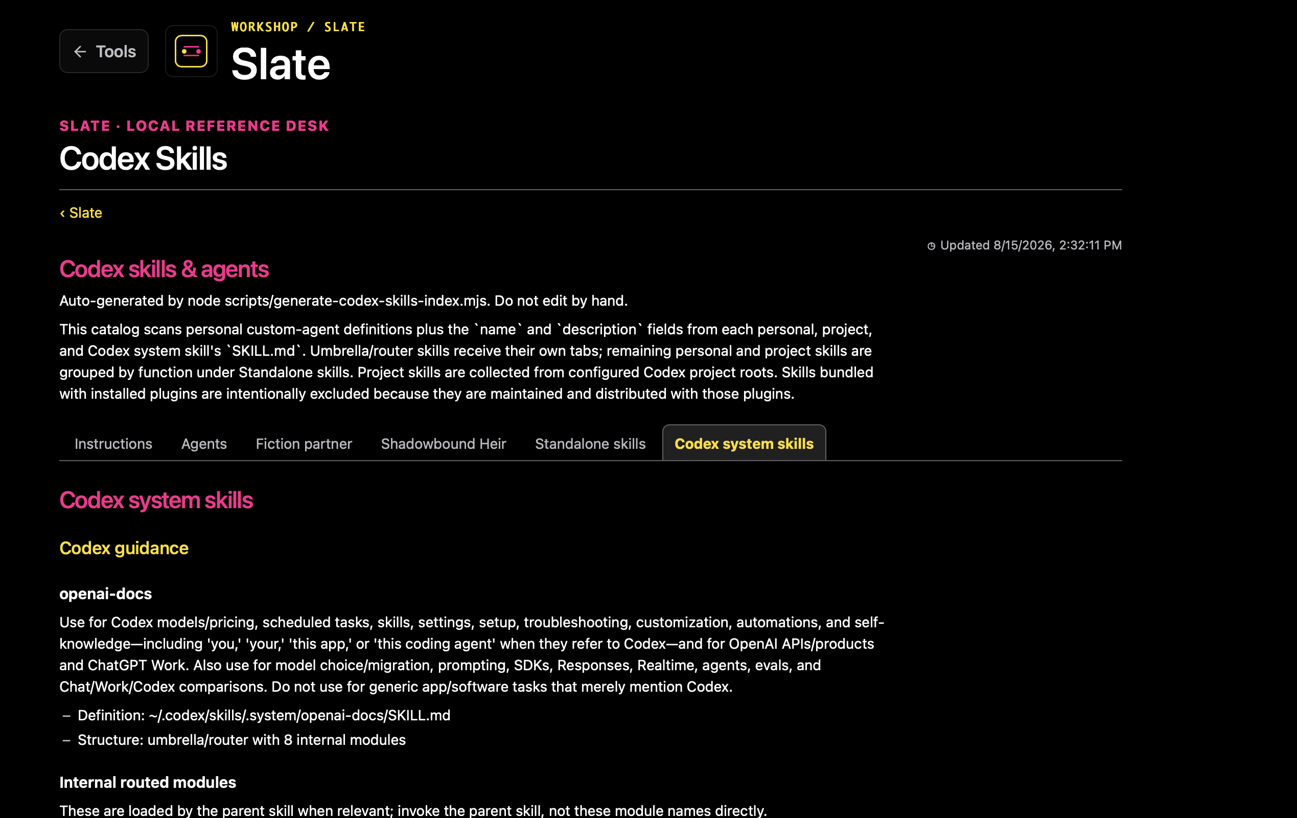 Slate rendering a configured Markdown reference with tabbed sections.