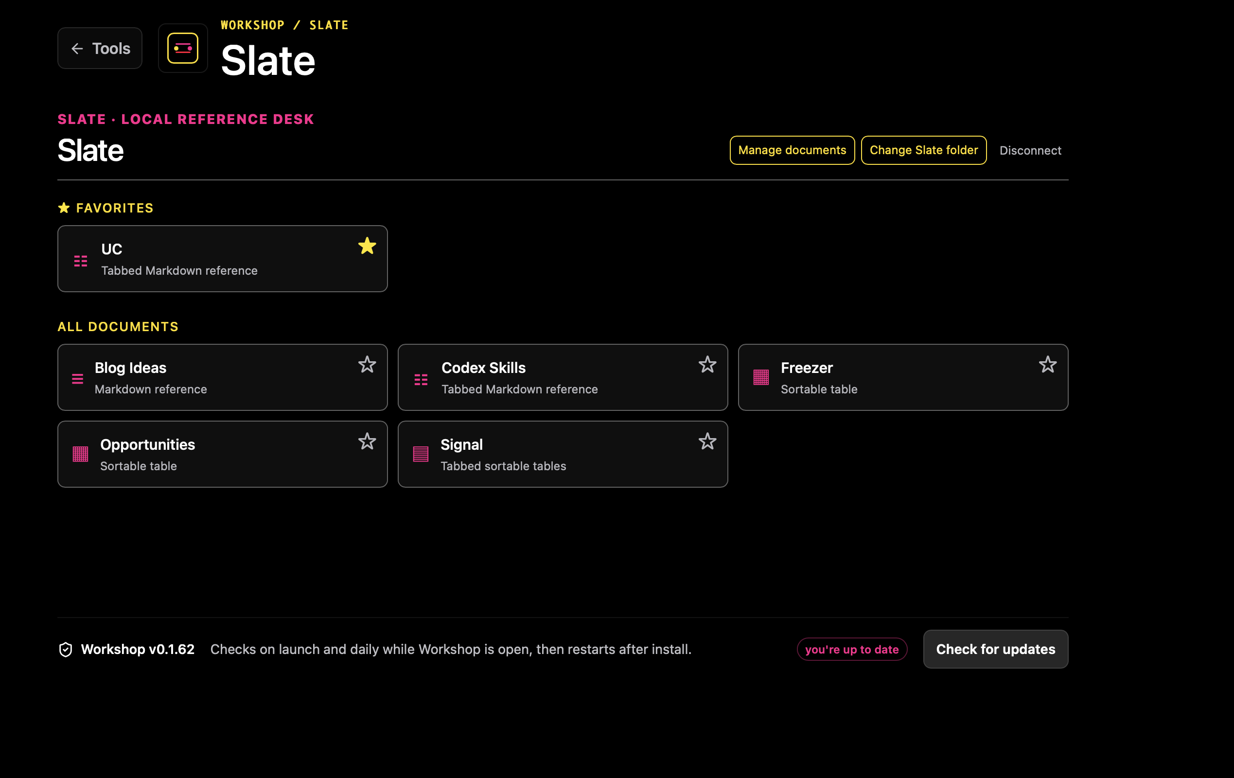 Slate’s local reference library, showing explicitly configured reference documents and view types.